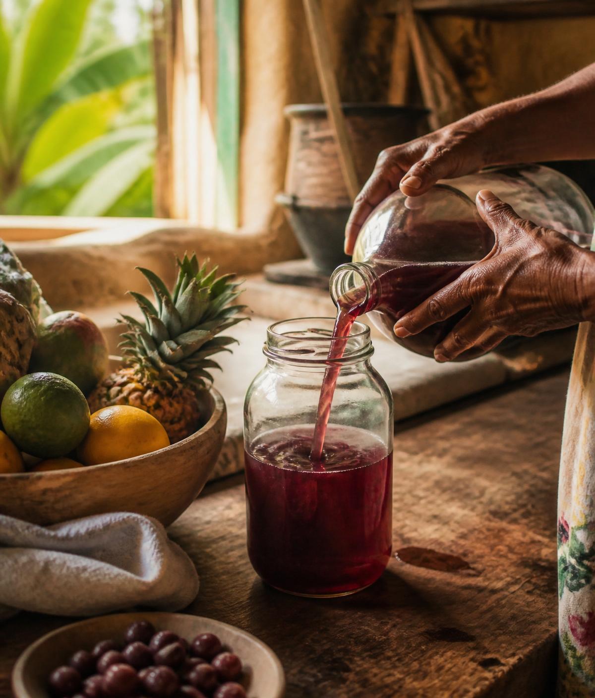 Hands pouring handmade fruit wine into a jar in a Saint Lucian home kitchen