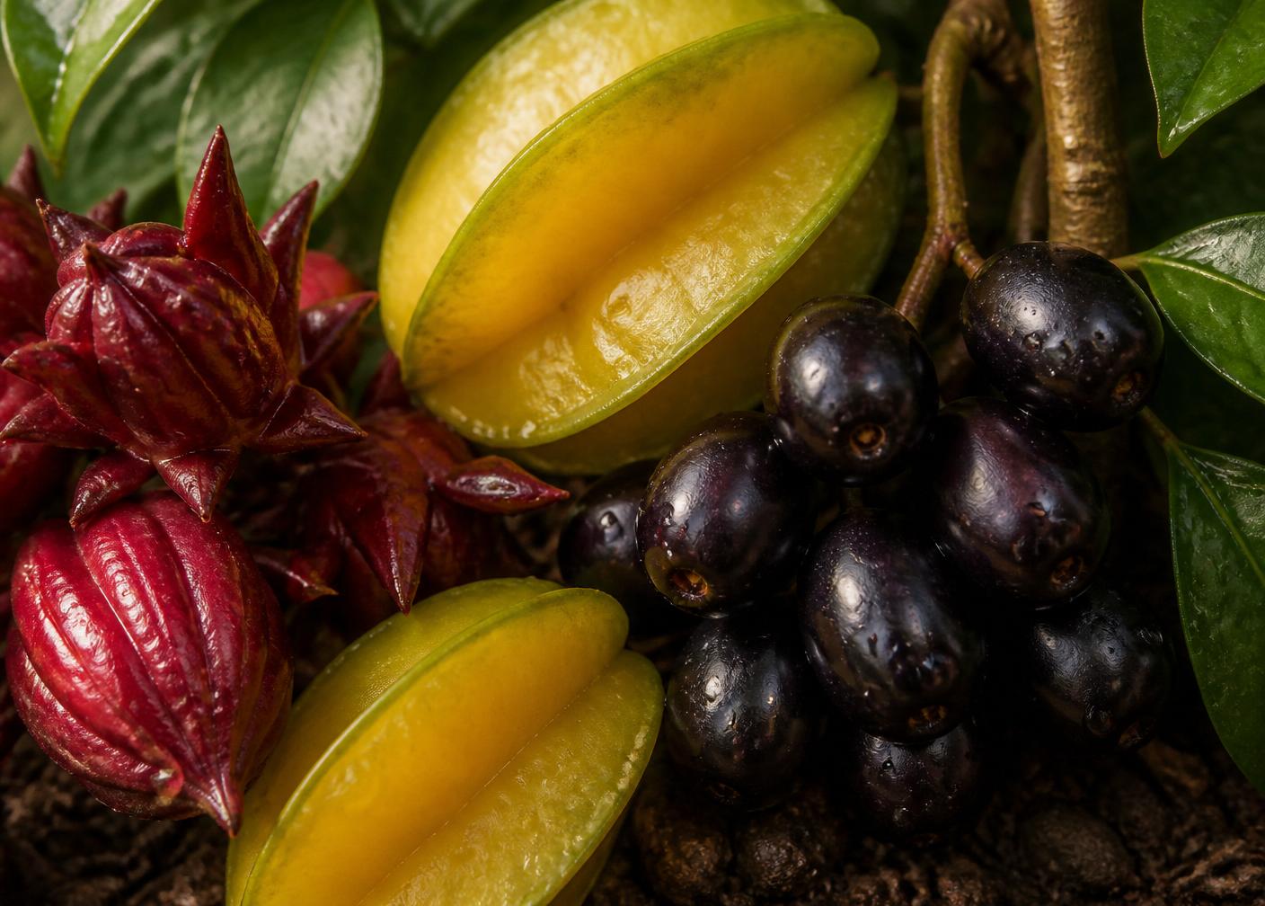 Close-up of sorrel, star fruit and jamun — the local fruit behind Avéya