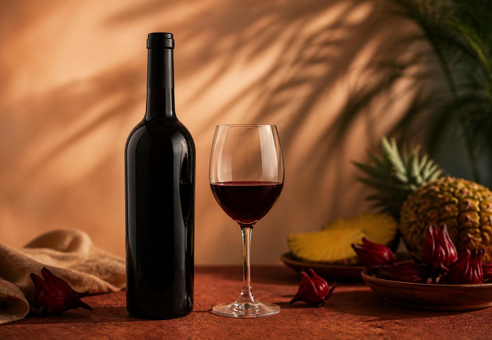 A bottle and glass of Avéya Saint Lucian fruit wine in warm sunset light